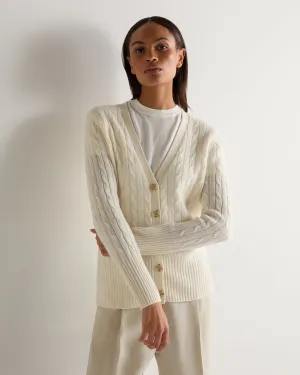 Women's Clara Cable V Neck Cashmere Cardigan New Ivory White