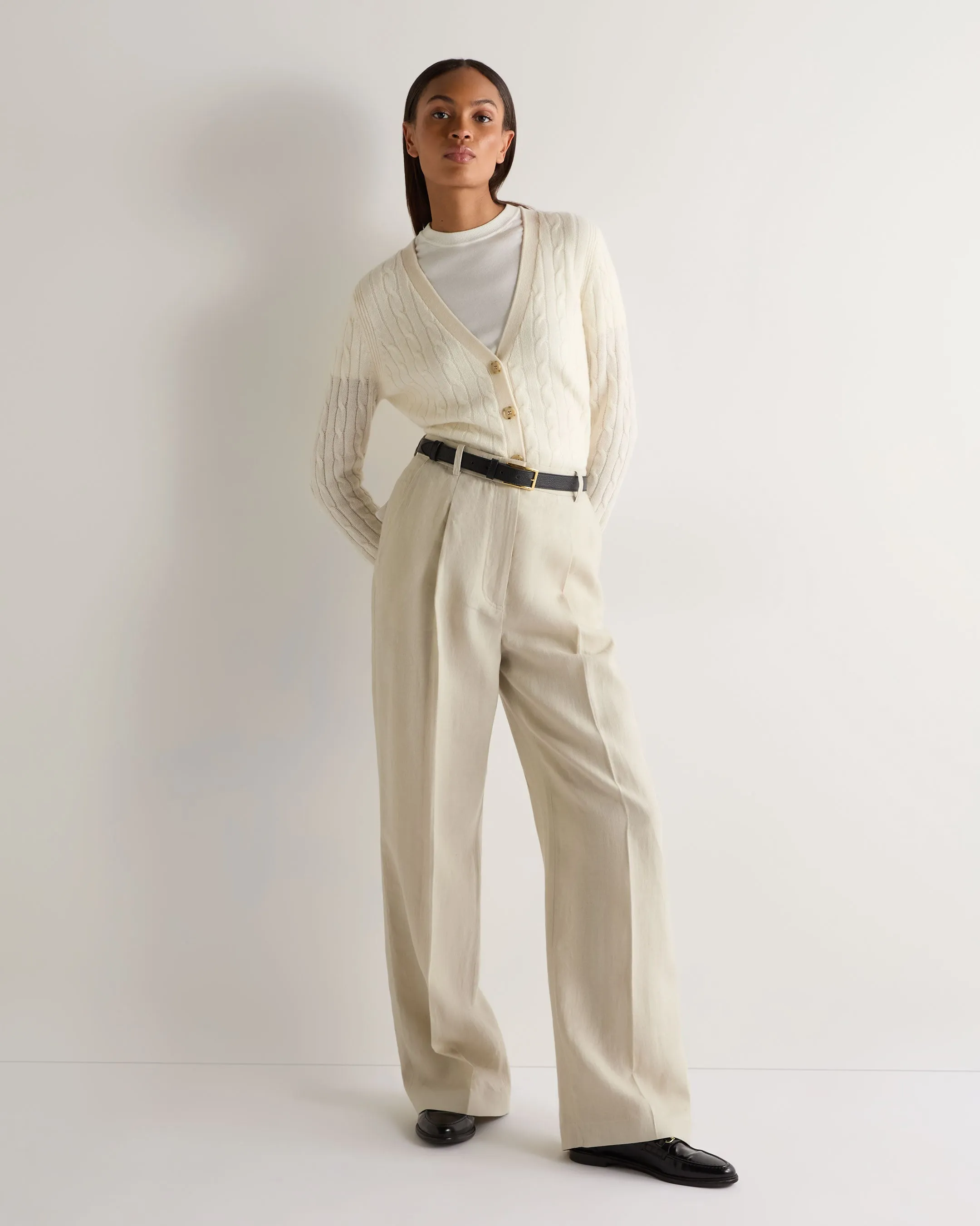 Women's Clara Cable V Neck Cashmere Cardigan New Ivory White