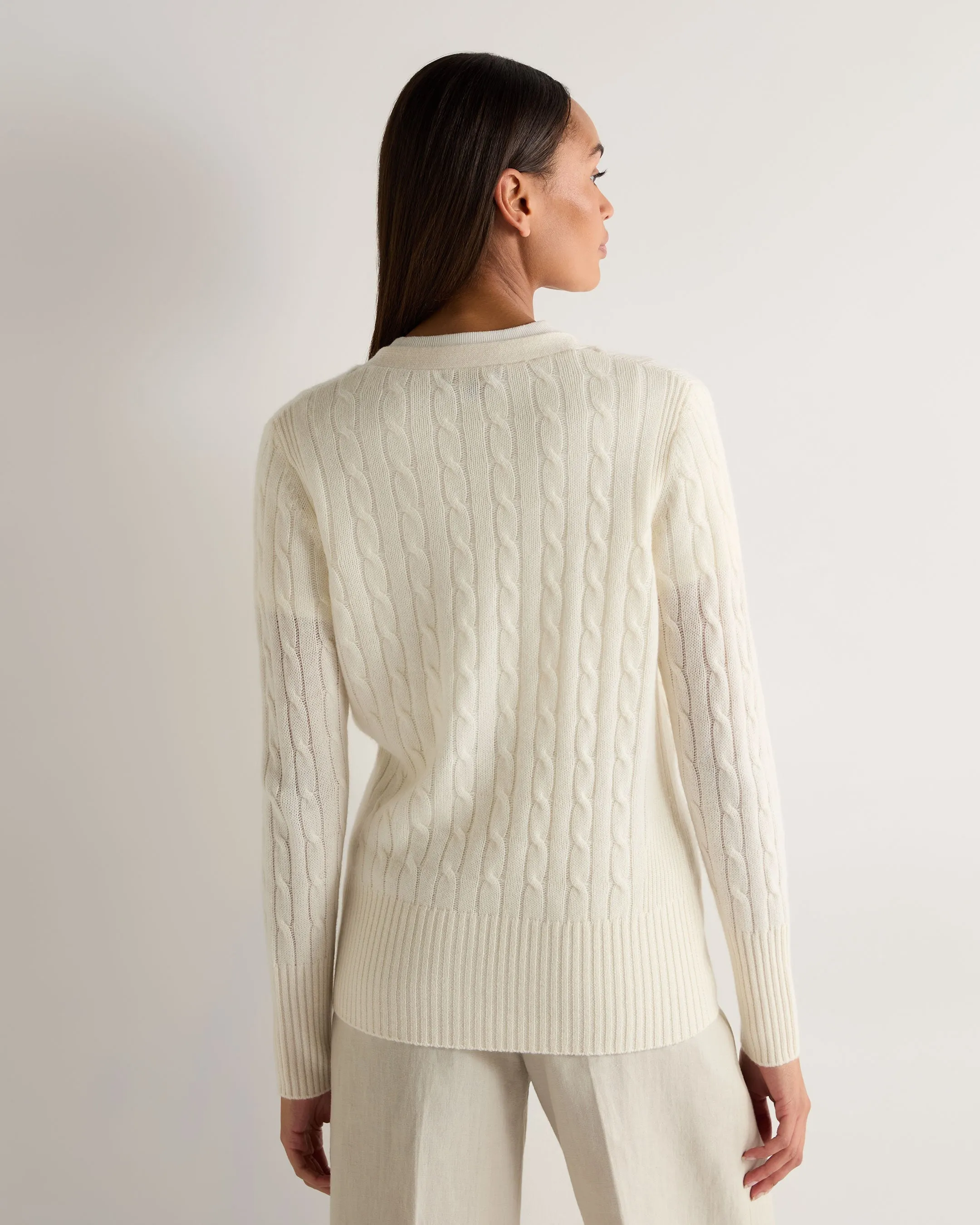 Women's Clara Cable V Neck Cashmere Cardigan New Ivory White