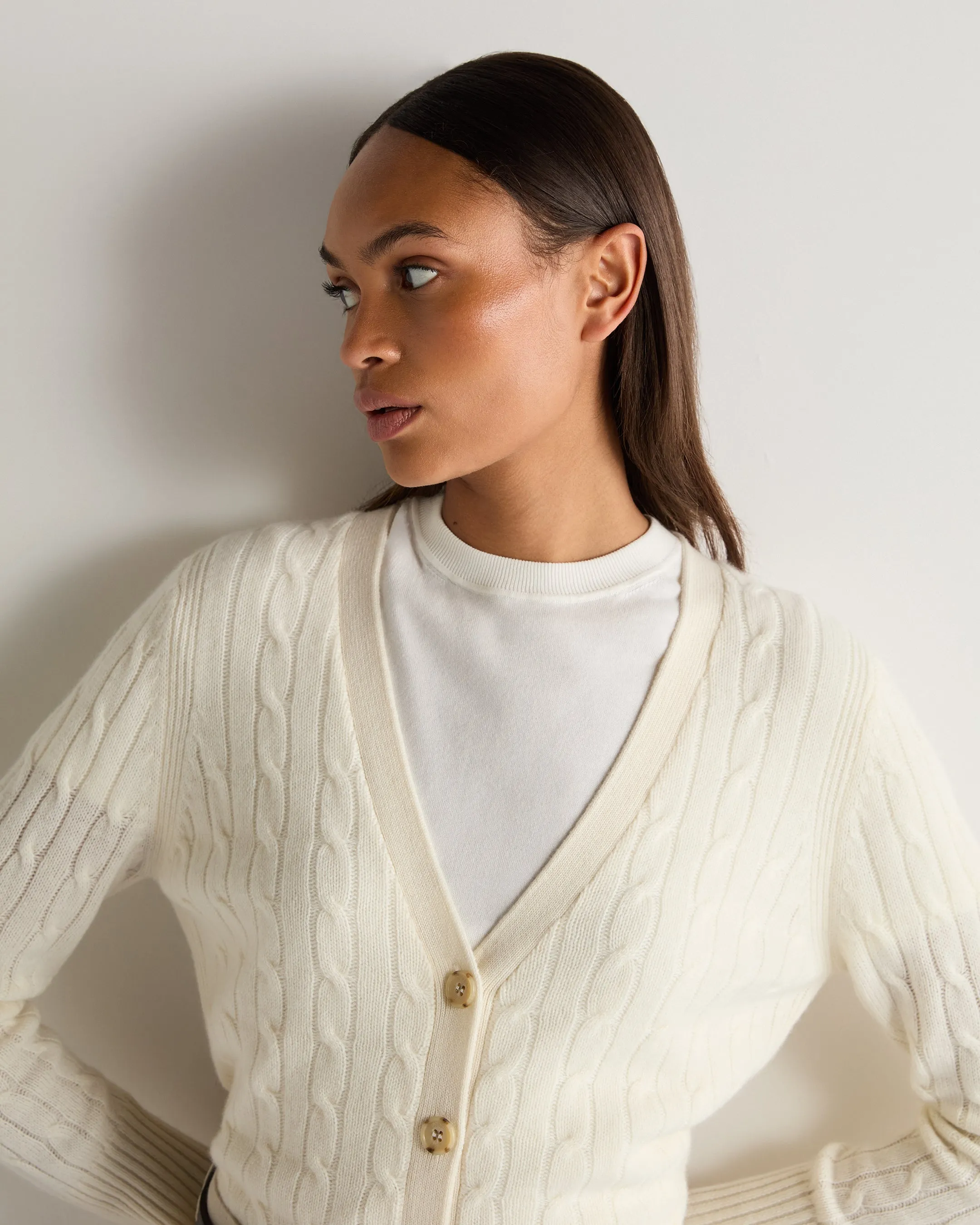 Women's Clara Cable V Neck Cashmere Cardigan New Ivory White