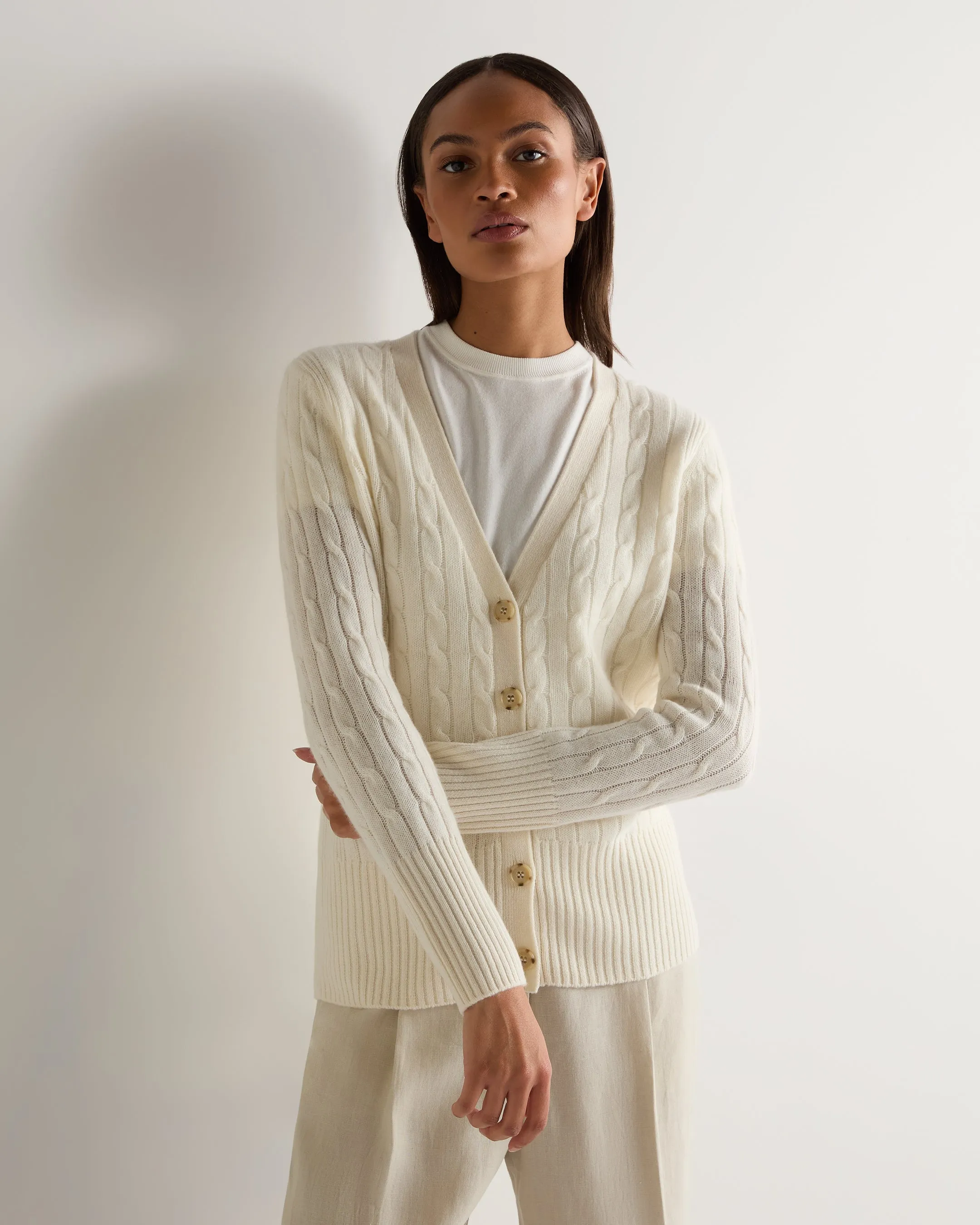 Women's Clara Cable V Neck Cashmere Cardigan New Ivory White