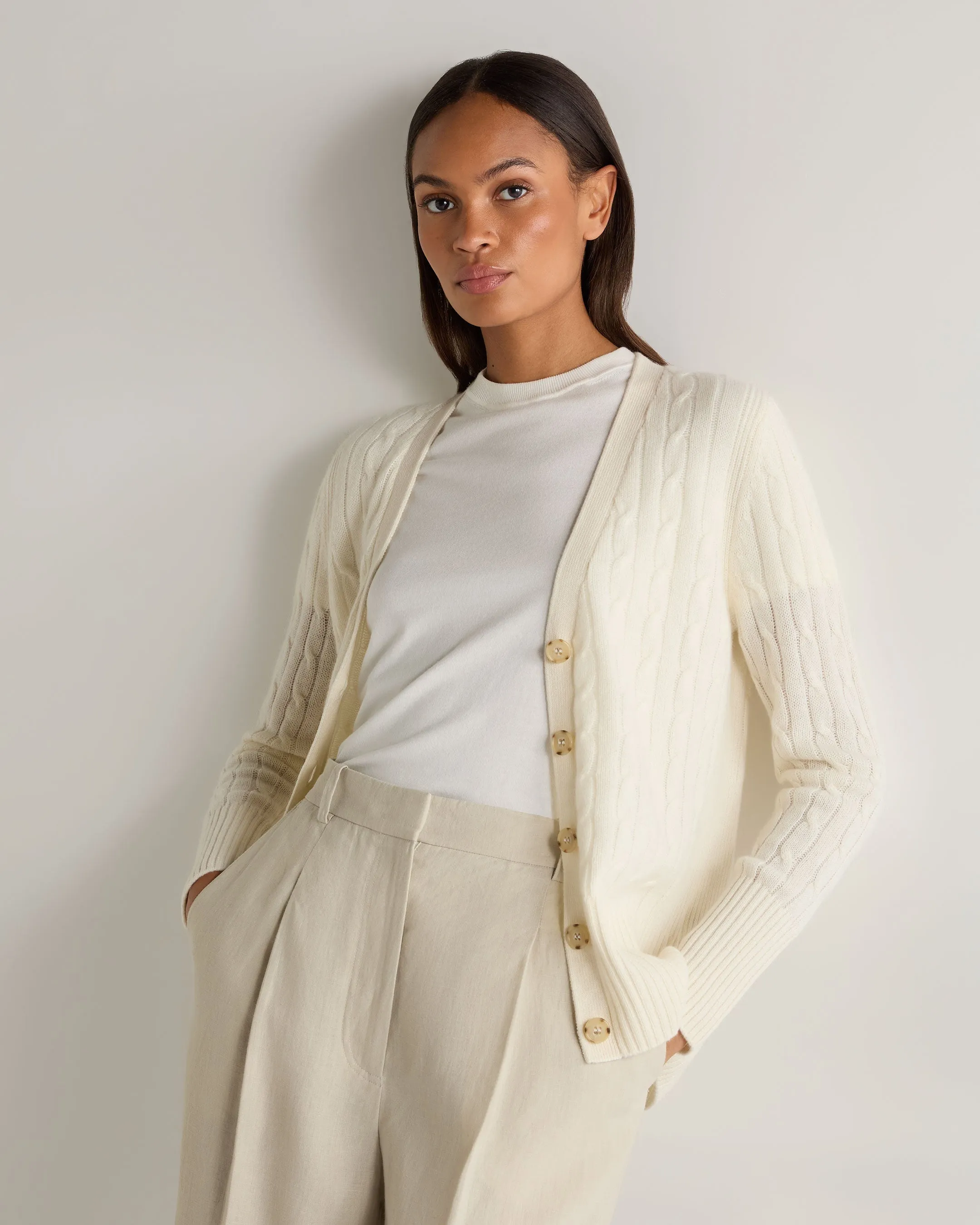Women's Clara Cable V Neck Cashmere Cardigan New Ivory White