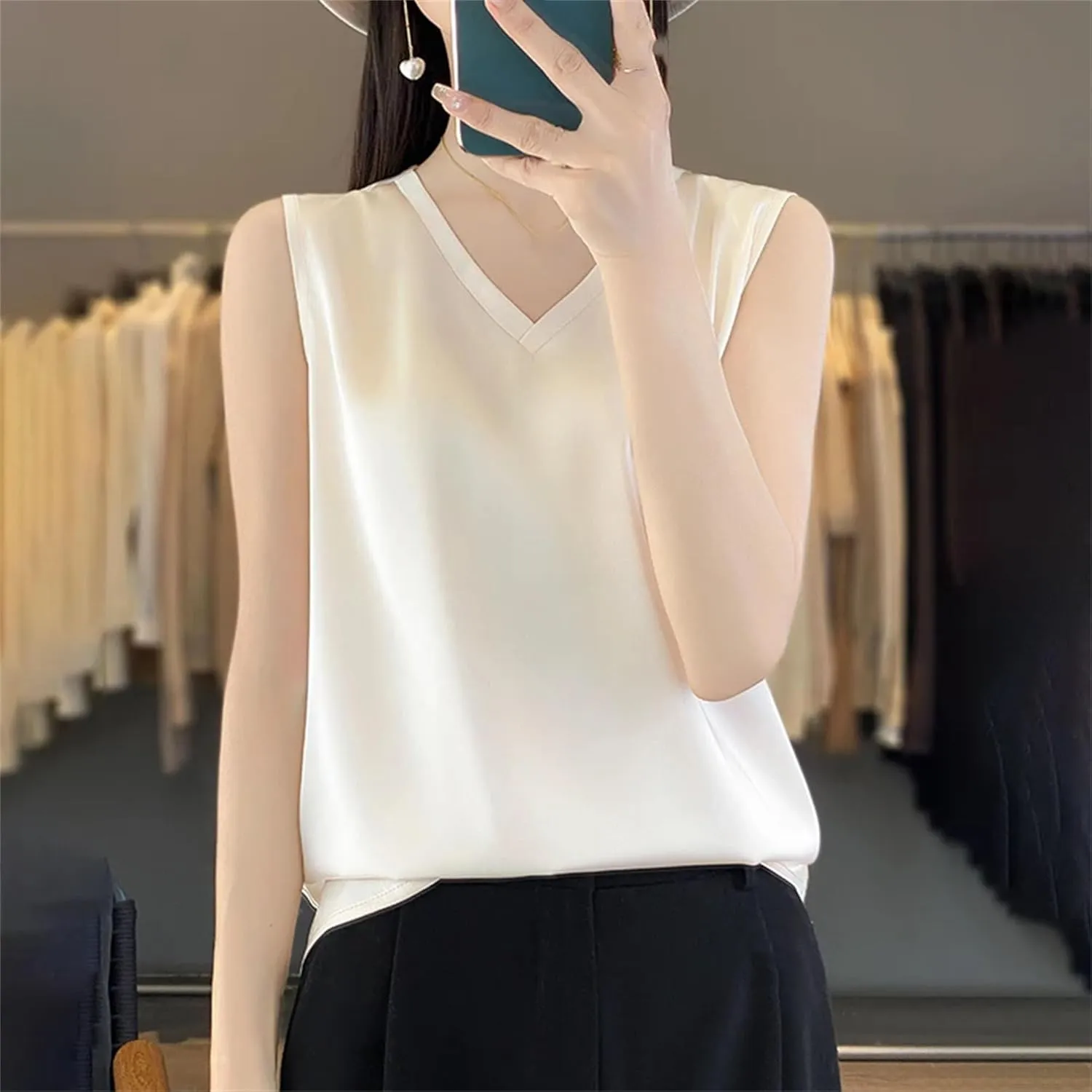 Women's Lightweight Casual Tank Top & Camisole Summer V-Neck Sleeveless Vest Loose Fit Undershirts to Wear Under Blazers
