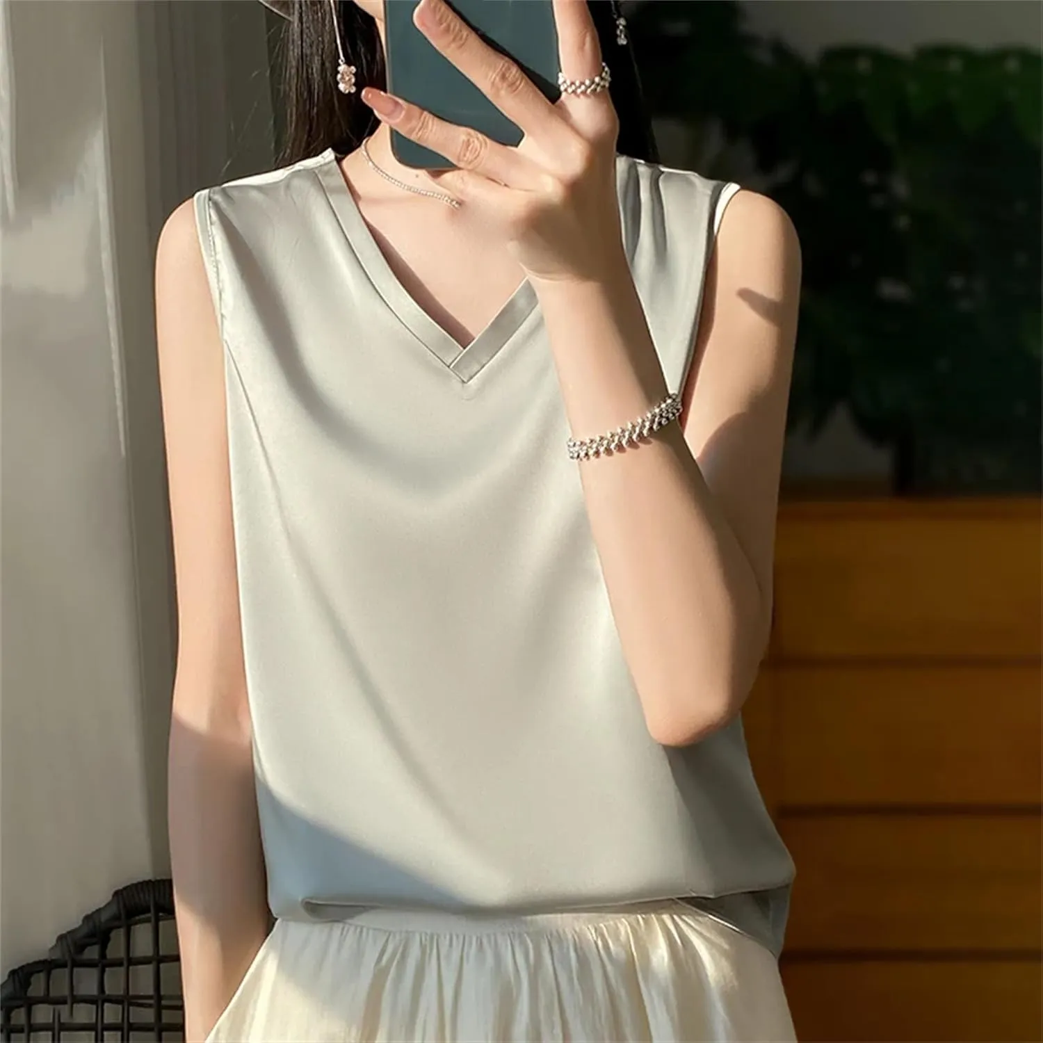 Women's Lightweight Casual Tank Top & Camisole Summer V-Neck Sleeveless Vest Loose Fit Undershirts to Wear Under Blazers