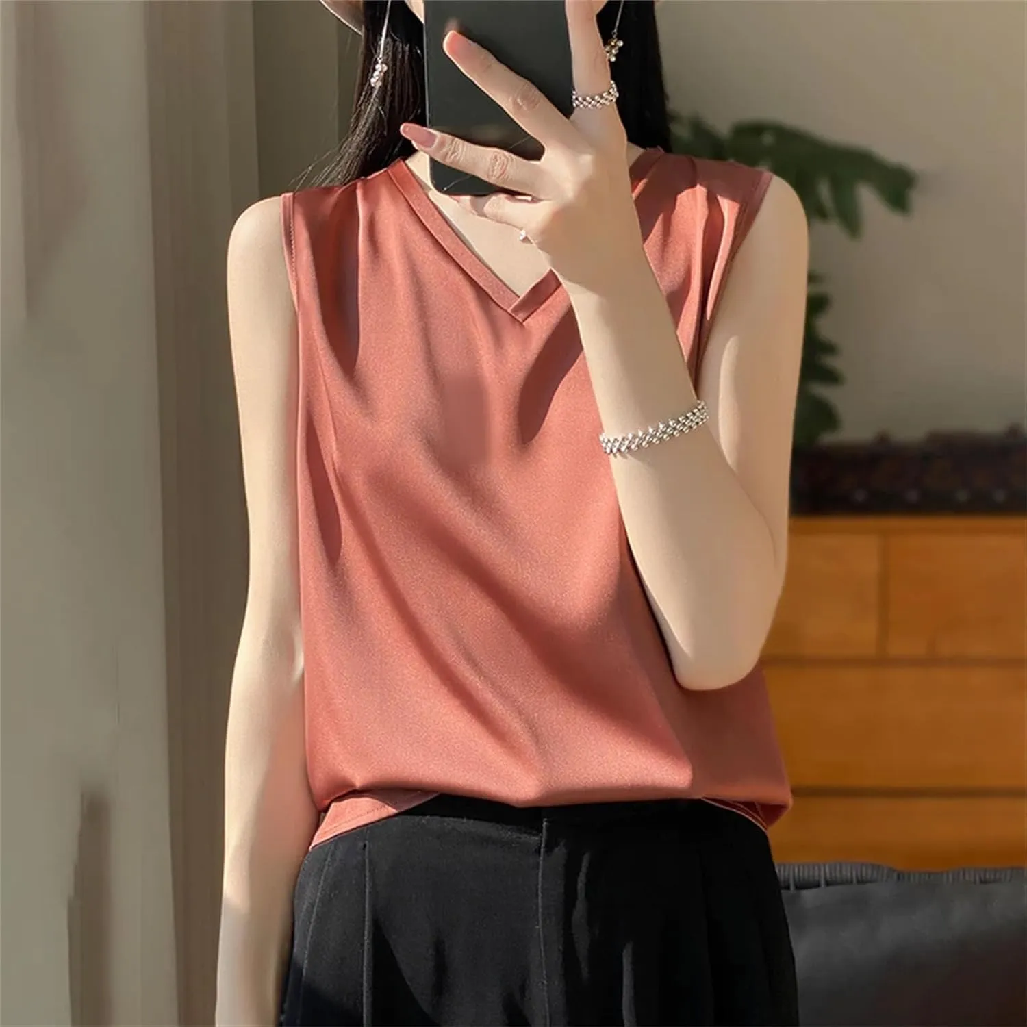 Women's Lightweight Casual Tank Top & Camisole Summer V-Neck Sleeveless Vest Loose Fit Undershirts to Wear Under Blazers