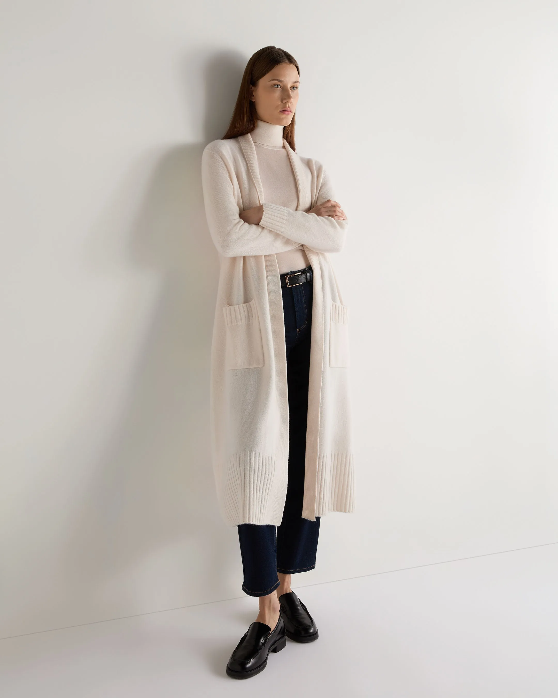 Women's Longline Cashmere Cardigan New Ivory White