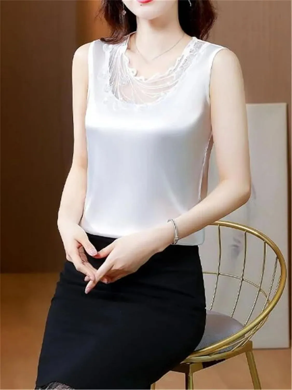 Women's Ruffle Lace Trim Satin Tank Top Camisole Summer Breathable Crewneck Vest for Casual & Work Office Lightweight Blouse