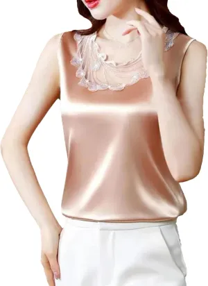 Women's Ruffle Lace Trim Satin Tank Top Camisole Summer Breathable Crewneck Vest for Casual & Work Office Lightweight Blouse