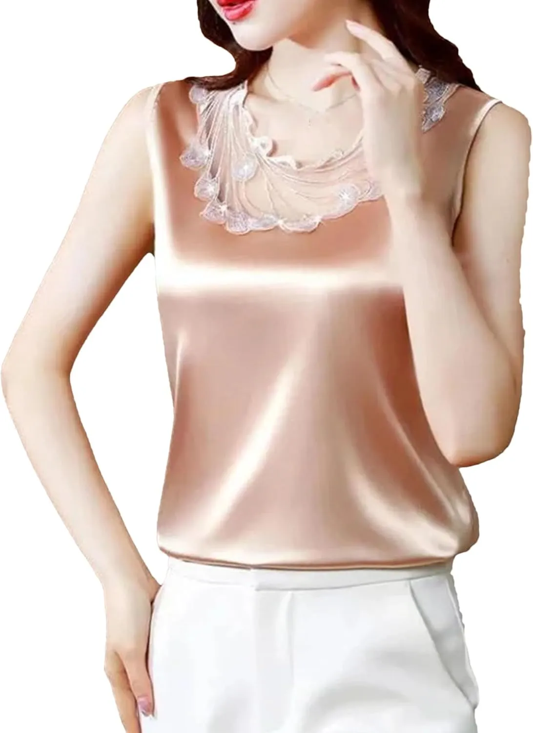 Women's Ruffle Lace Trim Satin Tank Top Camisole Summer Breathable Crewneck Vest for Casual & Work Office Lightweight Blouse