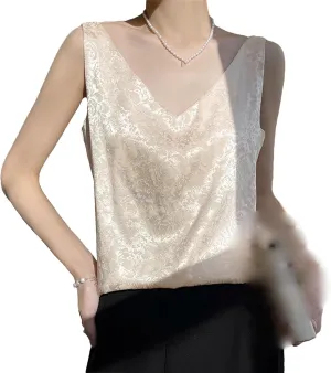 Women's Satin Jacquard Tank Top & Camisole - Summer Lightweight V-Neck Sleeveless Blouse Breathable Loose Fit Smooth Lounge