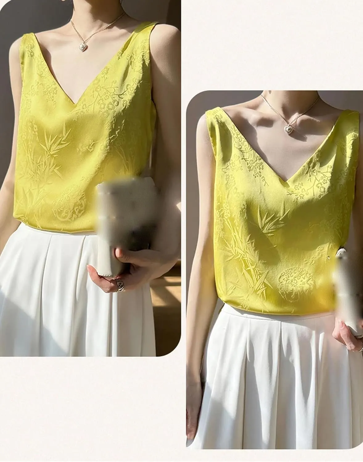 Women's Satin Jacquard Tank Top & Camisole - Summer Lightweight V-Neck Sleeveless Blouse Breathable Loose Fit Smooth Lounge