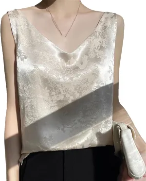 Women's Satin Jacquard Tank Top & Camisole - Summer Lightweight V-Neck Sleeveless Blouse Breathable Loose Fit Smooth Lounge