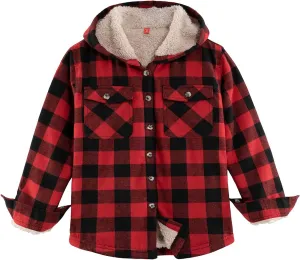 ZENTHACE Boys Sherpa Fleece Lined Flannel Plaid Button Down Shirt Jacket,Hooded Flannel Shirt with Hand Pockets