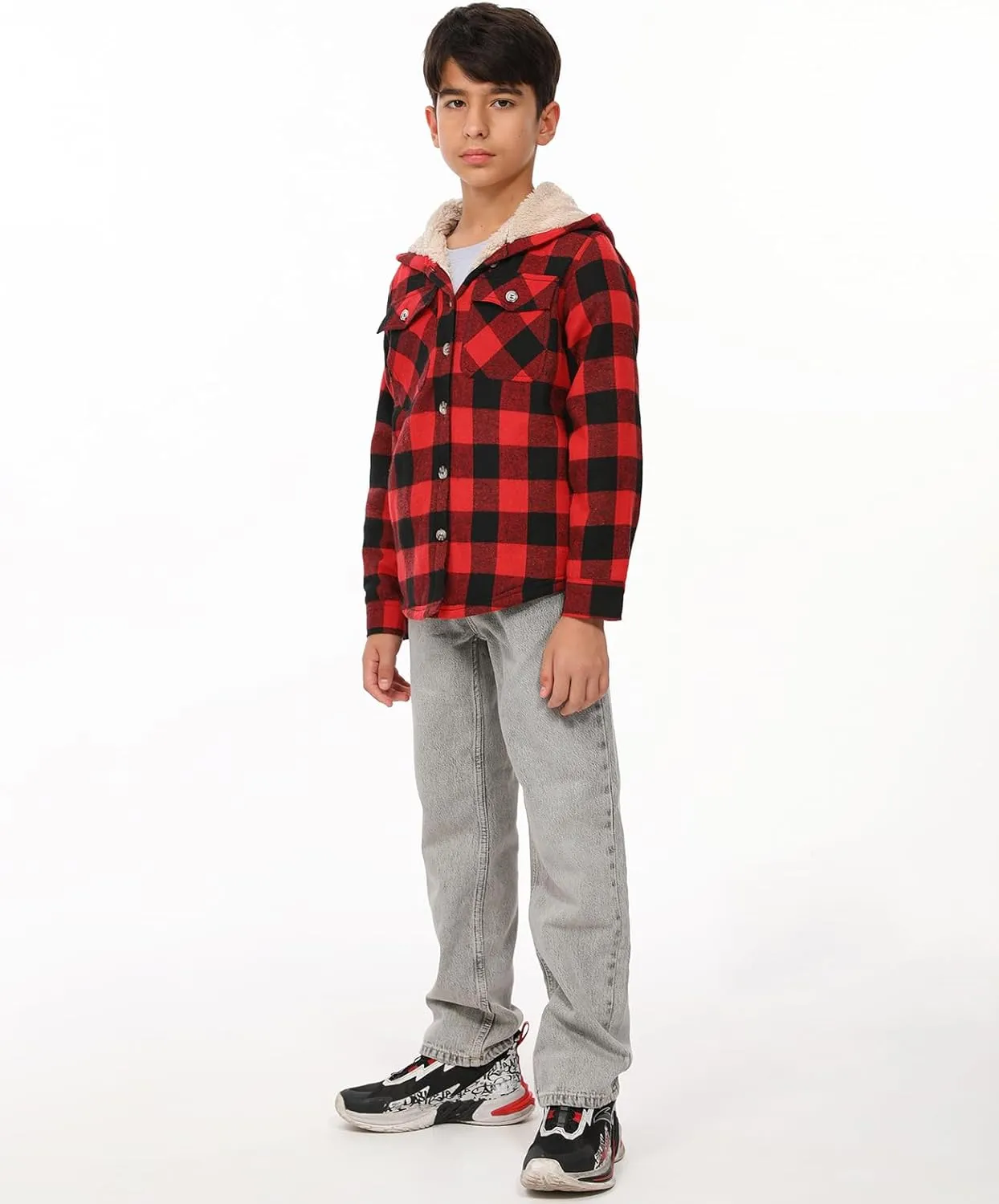 ZENTHACE Boys Sherpa Fleece Lined Flannel Plaid Button Down Shirt Jacket,Hooded Flannel Shirt with Hand Pockets