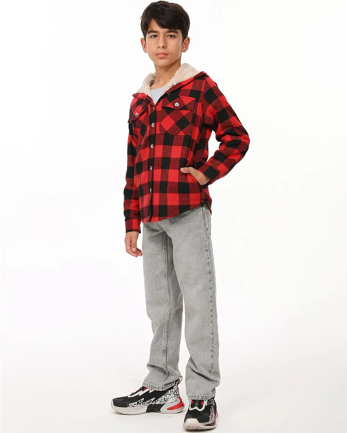 ZENTHACE Boys Sherpa Fleece Lined Flannel Plaid Button Down Shirt Jacket,Hooded Flannel Shirt with Hand Pockets