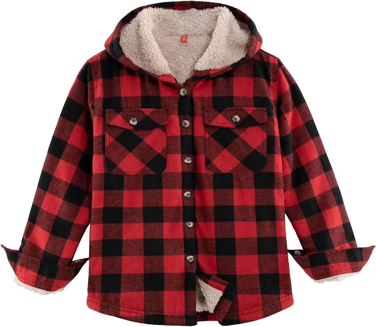 ZENTHACE Boys Sherpa Fleece Lined Flannel Plaid Button Down Shirt Jacket,Hooded Flannel Shirt with Hand Pockets